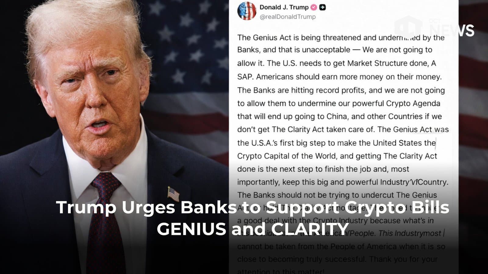 Trump Urges Banks to Support Crypto CLARITY Act image