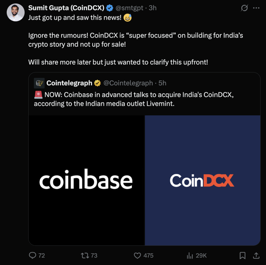 Our Crypto Talk | CoinDCX Denies Coinbase Acquisition Rumors Amidst  Recovery from $44 Million Hack