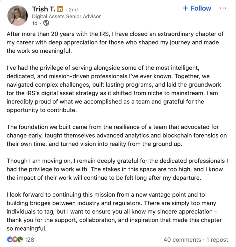 Our Crypto Talk | IRS Crypto Chief Trish Turner Resigns After 3 Months