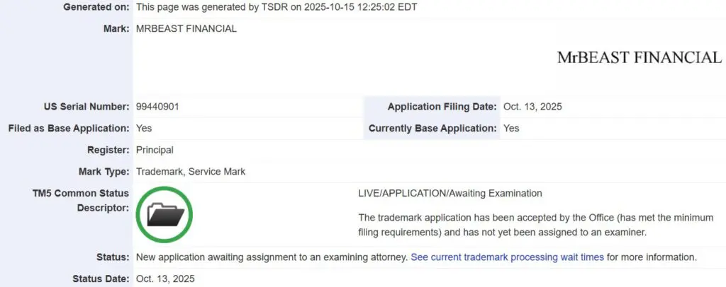 MrBeast Financial trademark