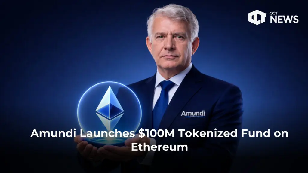 Amundi logo with text announcing $100M tokenized fund launch on Ethereum and Stellar blockchains