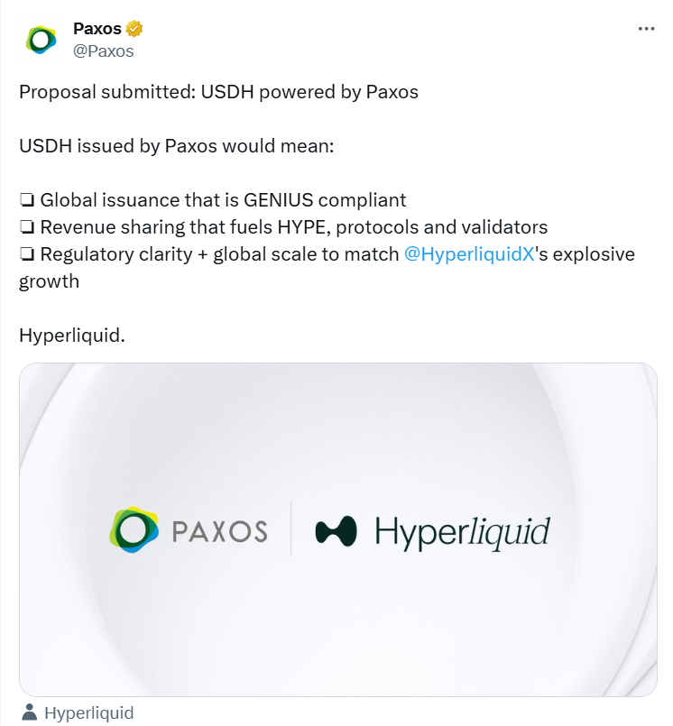 Paxos Hyperliquid USDH stablecoin