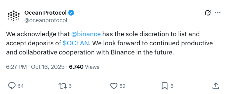 Ocean Fetch.ai Feud Escalates as Binance Halts Deposits