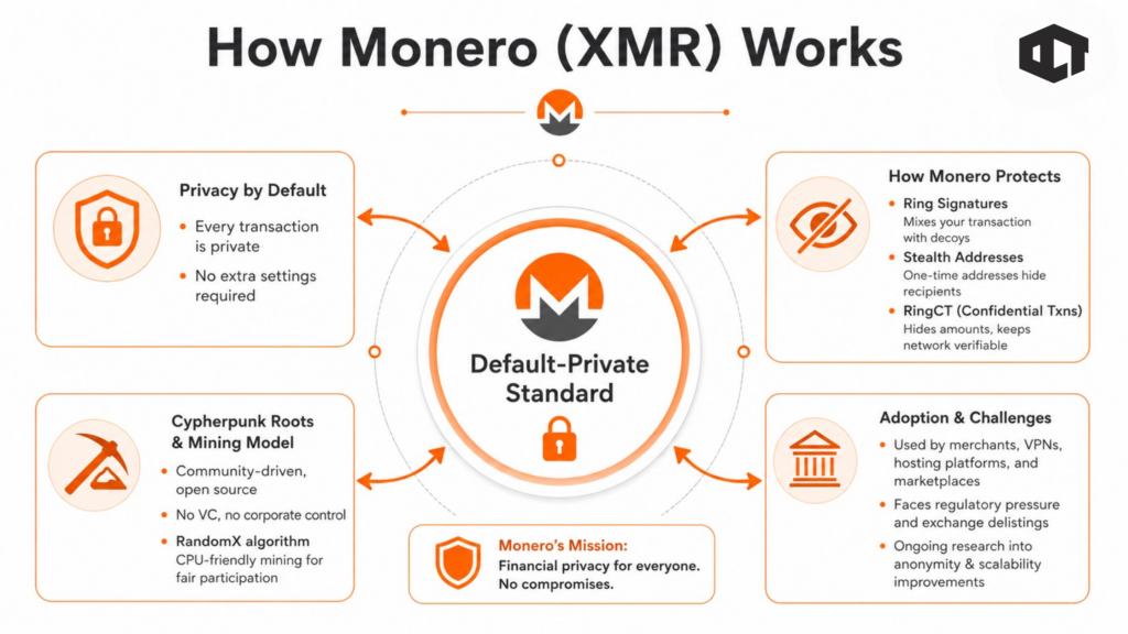 Image showing how Monero works, including its technology, cryptography, and mining model.