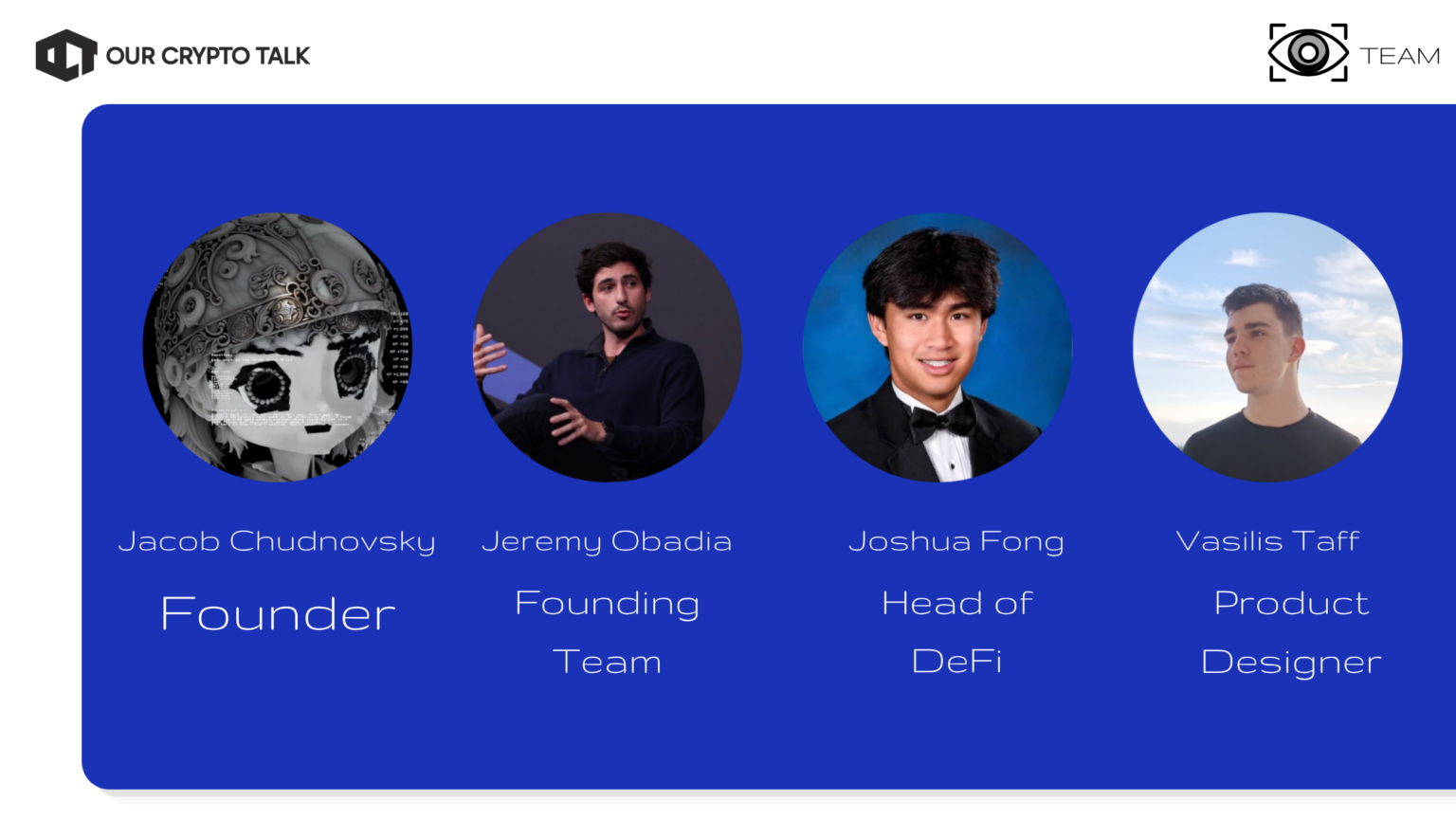 3Jane Team Jacob Chudnovsky, Jeremy Obadia, Joshua Fong (Head of DeFi), Vasilis Taff (Product Design), and Evgeny Boxer (Senior Frontend Engineer)