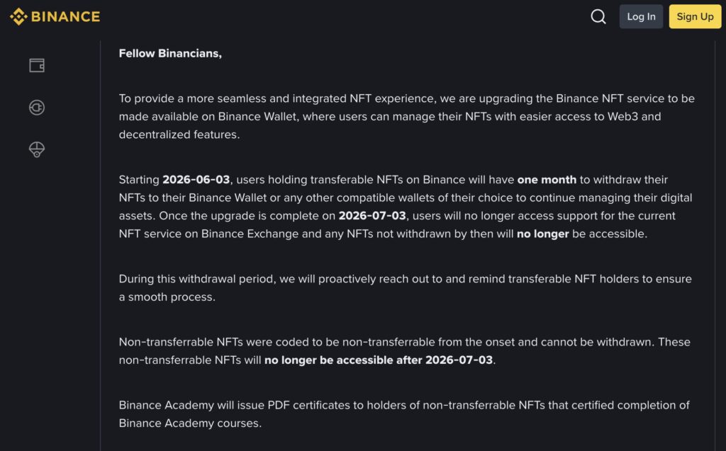 Binance NFT announcement