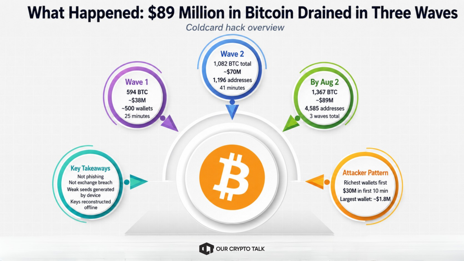 Coldcard hardware wallet firmware bug that drained $89M in Bitcoin across three attack waves