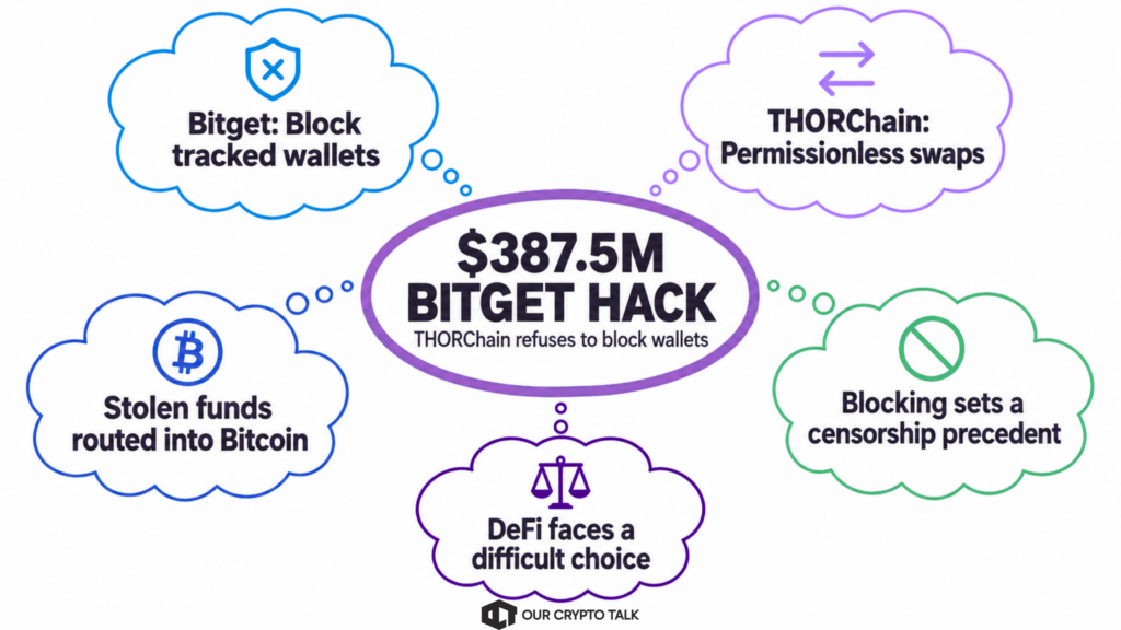 THORChain cross-chain swap flow used to route Bitget hack funds into Bitcoin